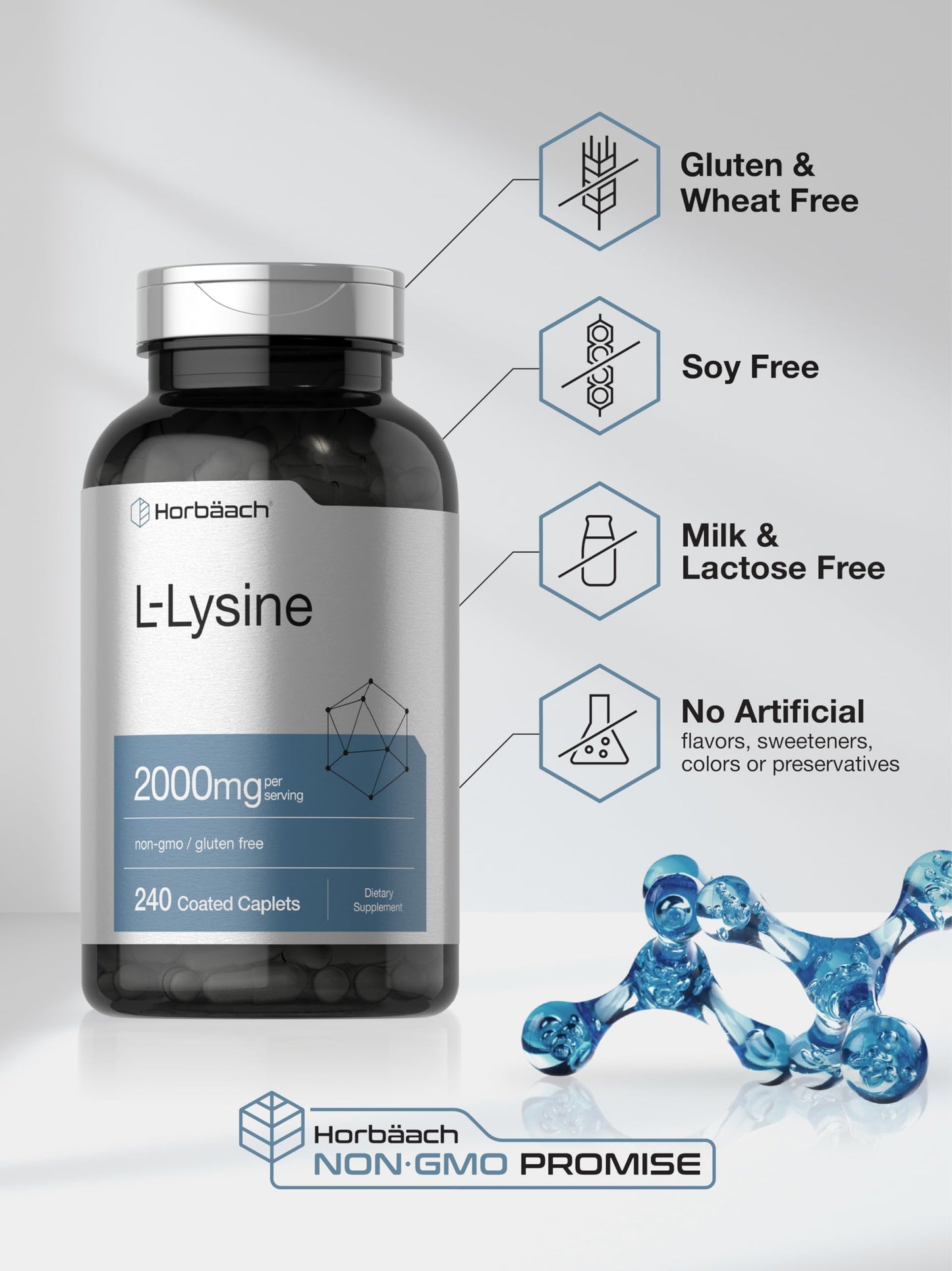 Horbäach L-Lysine | 2000mg | 240 Caplets | Vegetarian, Non-GMO, and Gluten Free Supplement