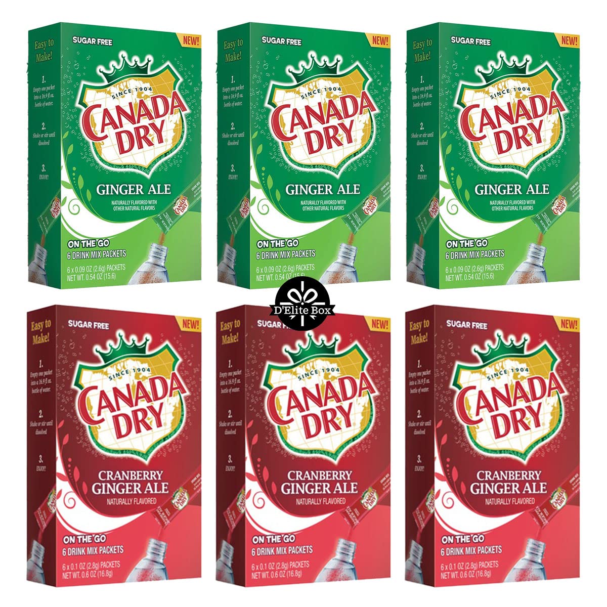 Canada Dry Ginger Ale Powdered Drink Mix 6 Boxes of 6 packets with 3 Boxes each of Original and Cranberry flavor for Total 36 Sticks bundle packaged by DElite Box