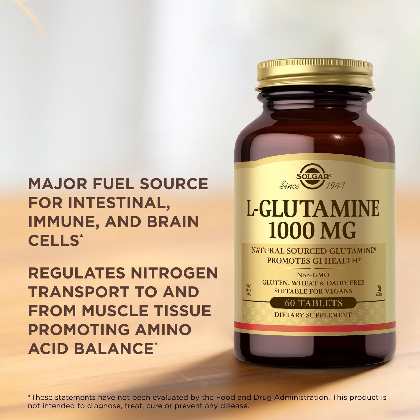 SOLGAR L-Glutamine 1000 mg - 60 Tablets, Pack of 3 - Non-GMO, Vegan, Gluten Free, Kosher - 90 Total Servings