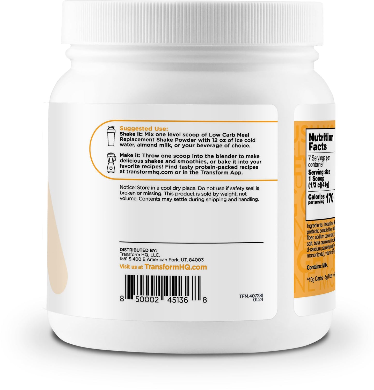 TransformHQ Meal Replacement Shake Powder 7 Servings (Orange Cream) - Gluten Free, Non-GMO