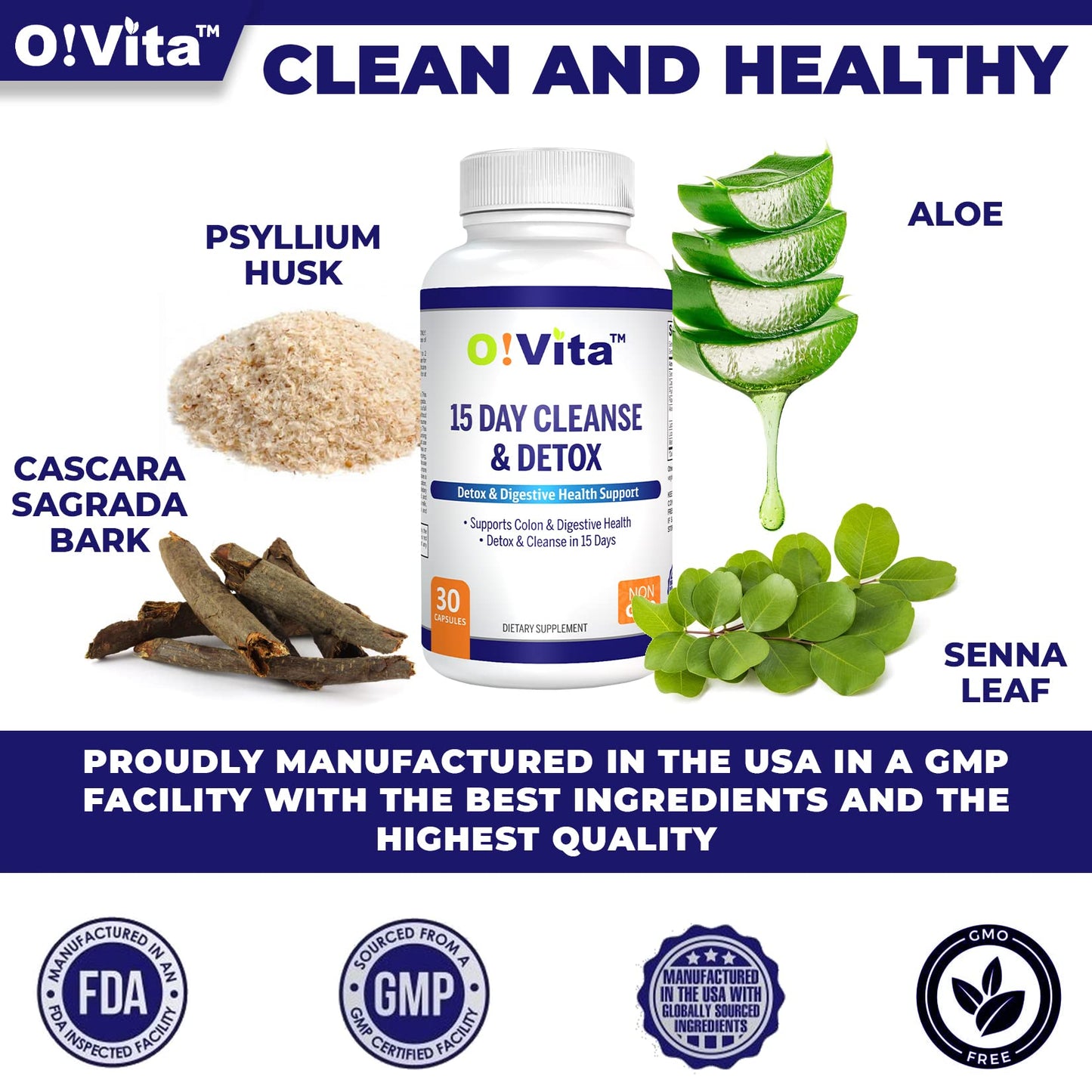 O!VITA 15-Day Cleanse and Detox Supports Digestive and Colon Health, Special Formula with probiotics, fine Herbs Such as Senna Leaf, Cascara Sagrada Bark, and More! (30 Non-GMO Capsules)