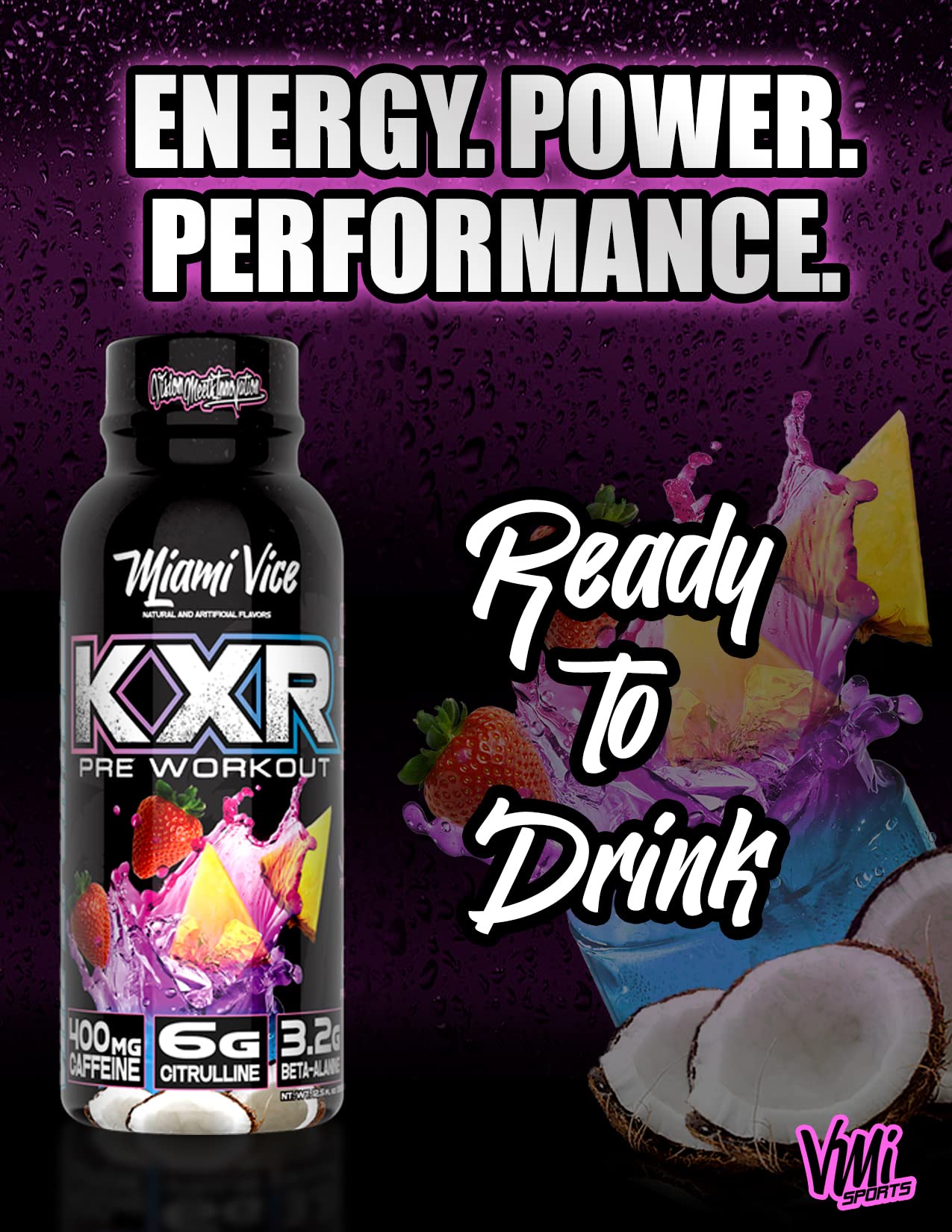 VMI Sports KXR High Stimulant Pre-Workout Energy Ready to Drink 400mg Caffeine, 6g Citrulline, 3.2g Beta-Alanine | Delicious - Convenient - Powerful | 12.5 oz Bottles (Miami Vice, 12 Bottles)