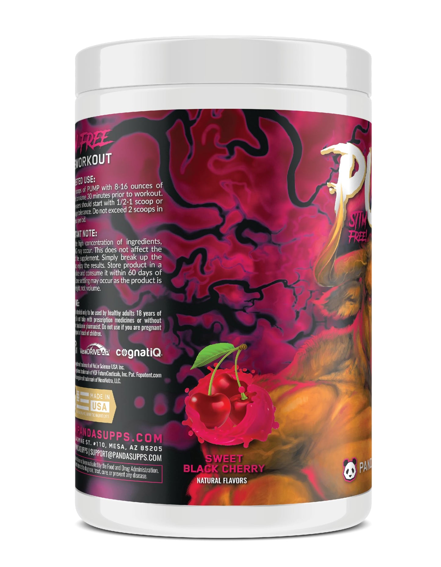 Underground Bio Labs Panda Supps Pump: Stimulant-Free Pre-Workout, No-Clump Formula w/10G L-Citrulline Malate, Alpha GPC, Lions Mane,CognatiQ™, AmentoPump™ 40 Scoops (Sweet Black Cherry)