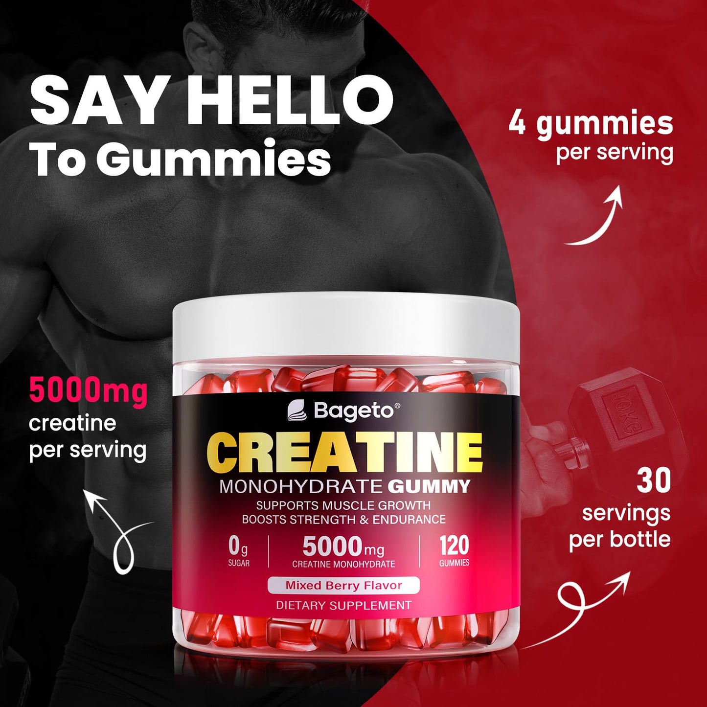 Creatine Monohydrate Gummies 5000mg for Men & Women, 120 Count Creatine for Enhanced Muscle Growth, Strength, and Recovery, Sugar Free Pre-Workout Supplement-Mixedberry Flavor 120 Count (Pack of 1)