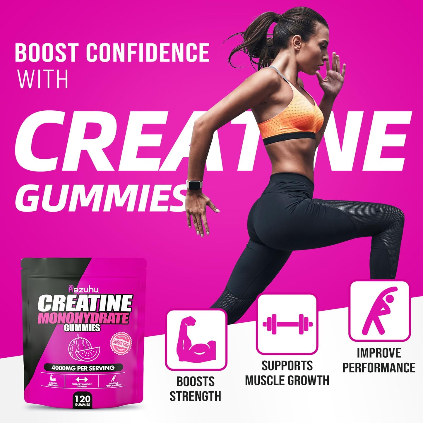 Razuhu Creatine Monohydrate Gummies for Men & Women, 4g of Creatine Monohydrate per Serving for Maximum Power Strength, Performance, Sugar Free, Vegan, Pre-Workout Supplement(120 Count)-Watermelon