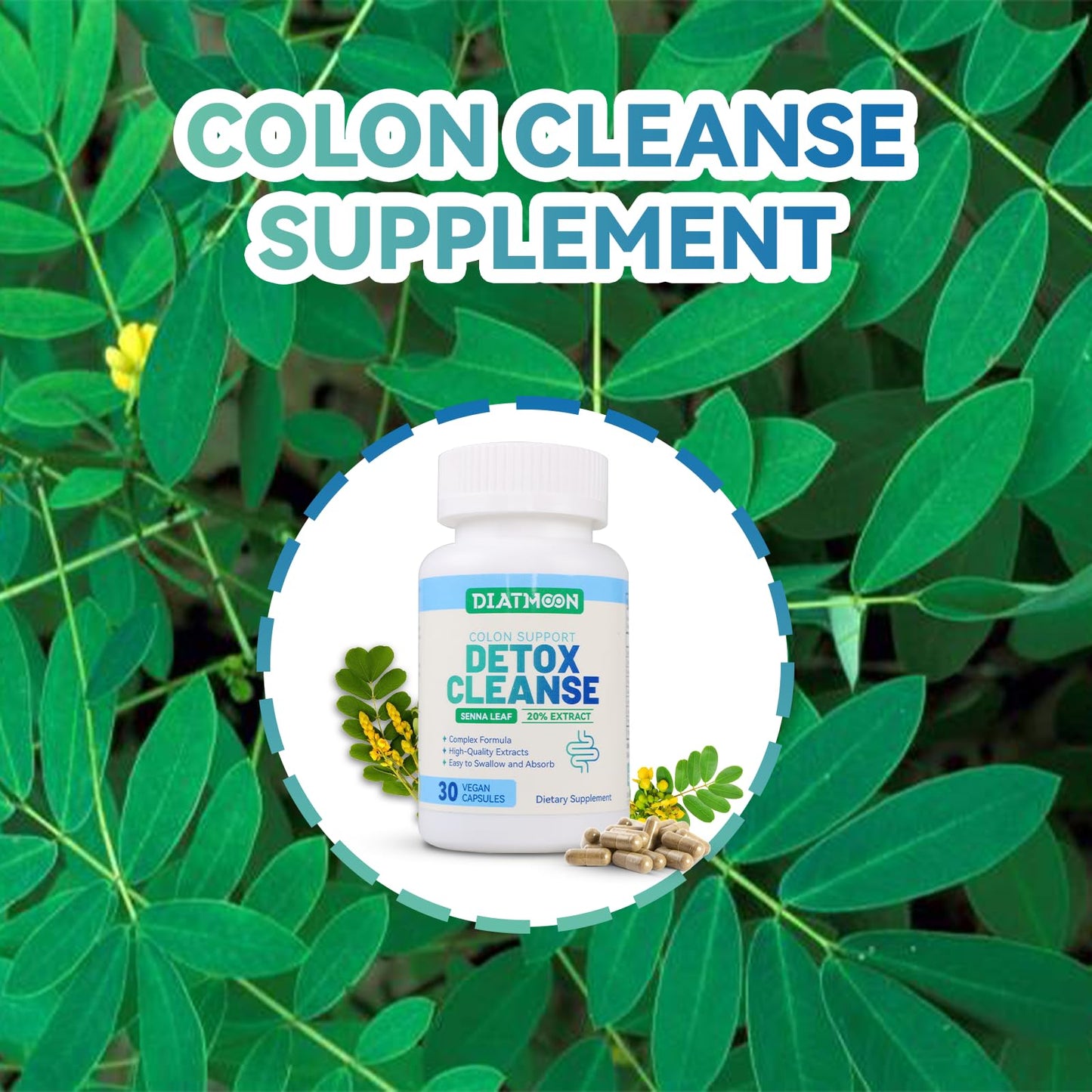 DIATMOON Gut Cleanse Capsules, Gut and Colon Support, Detox & Cleanse, for 15 Days, Non-GMOs, Non-Gluten, Vegan, Colon Cleanse Supplement, 30 Count