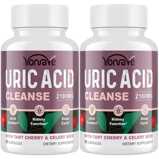 Yonrave Uric Acid Cleanse & Detox - Tart Cherry Capsules, Celery Seed Uric Acid Supplement -Joint, Kidney and Sleep - 90 Veggie Capsules（2 Bottle）