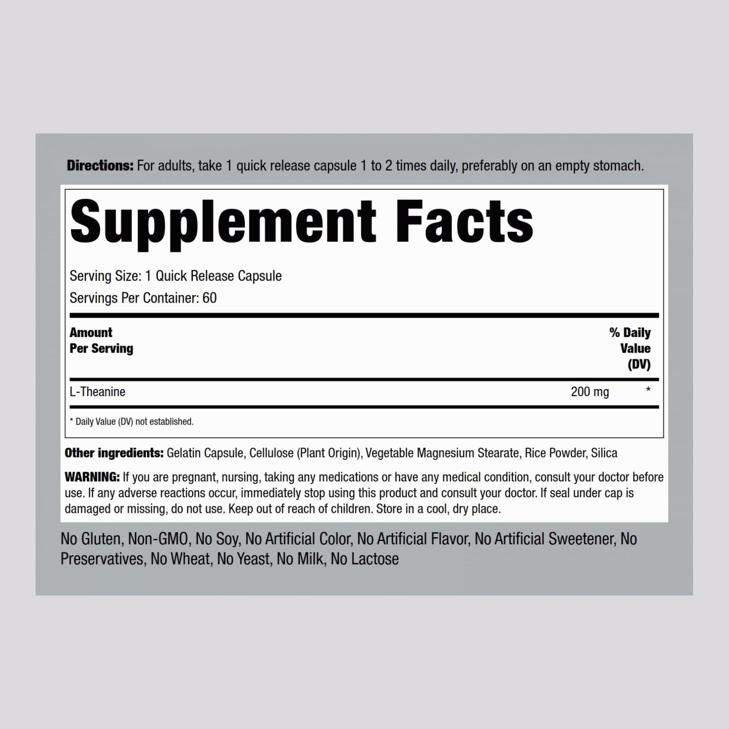 Piping Rock L-Theanine 200mg Supplement | 60 Capsules | Double Strength | Non-GMO, Gluten Free