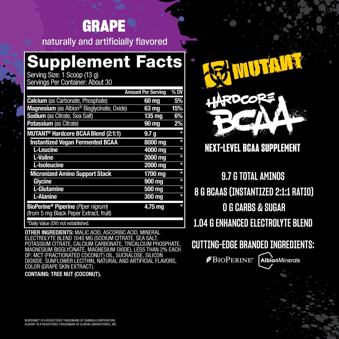 Mutant Hardcore BCAA - Pre, Intra or Post Workout - BCAA Next Level branched-Chain Amino Acids Supplement - Hydration + Recovery - 30 Serving - Grape