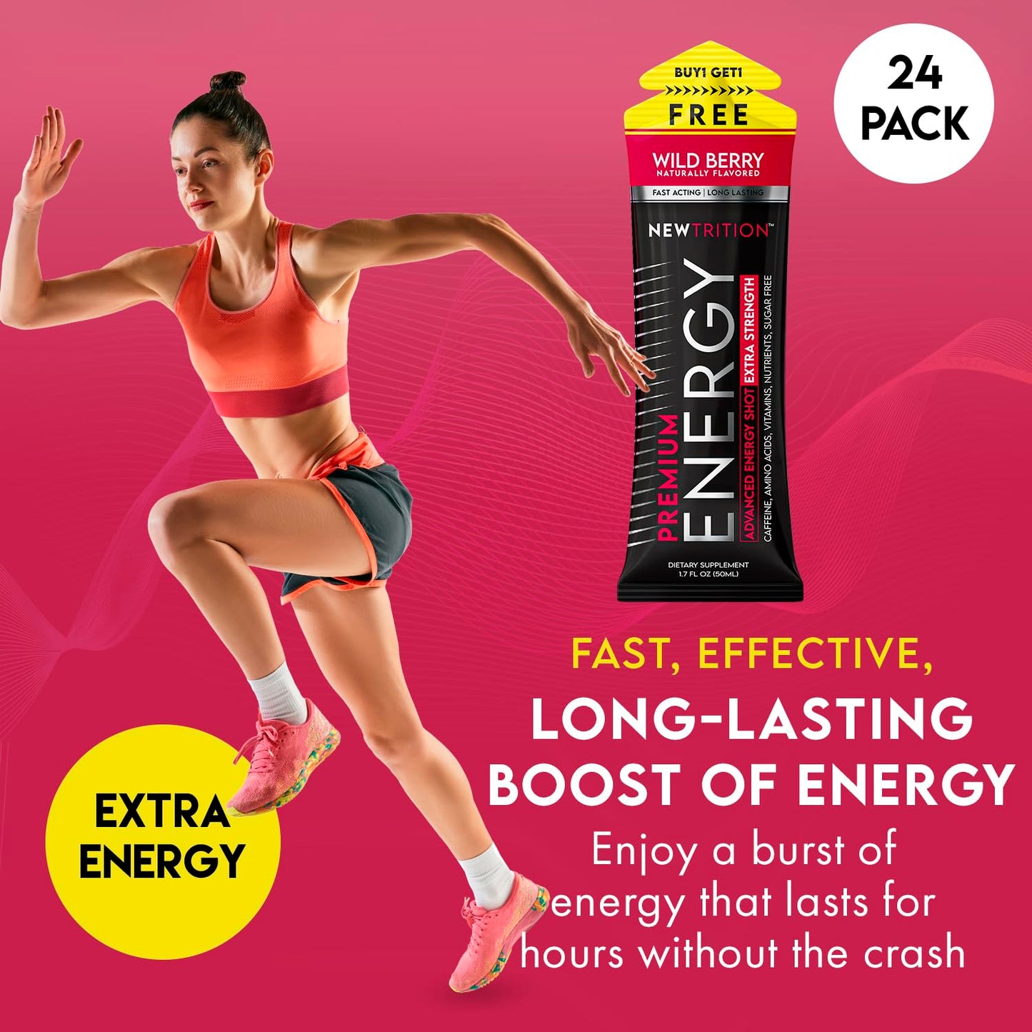 NewTrition Extra Strength Energy Shots, with Caffeine, Vitamin B & Amino Acids, Sugar-Free Vitamin Energy Shot, 1.7 fl oz, Wild Berry, 24 Count