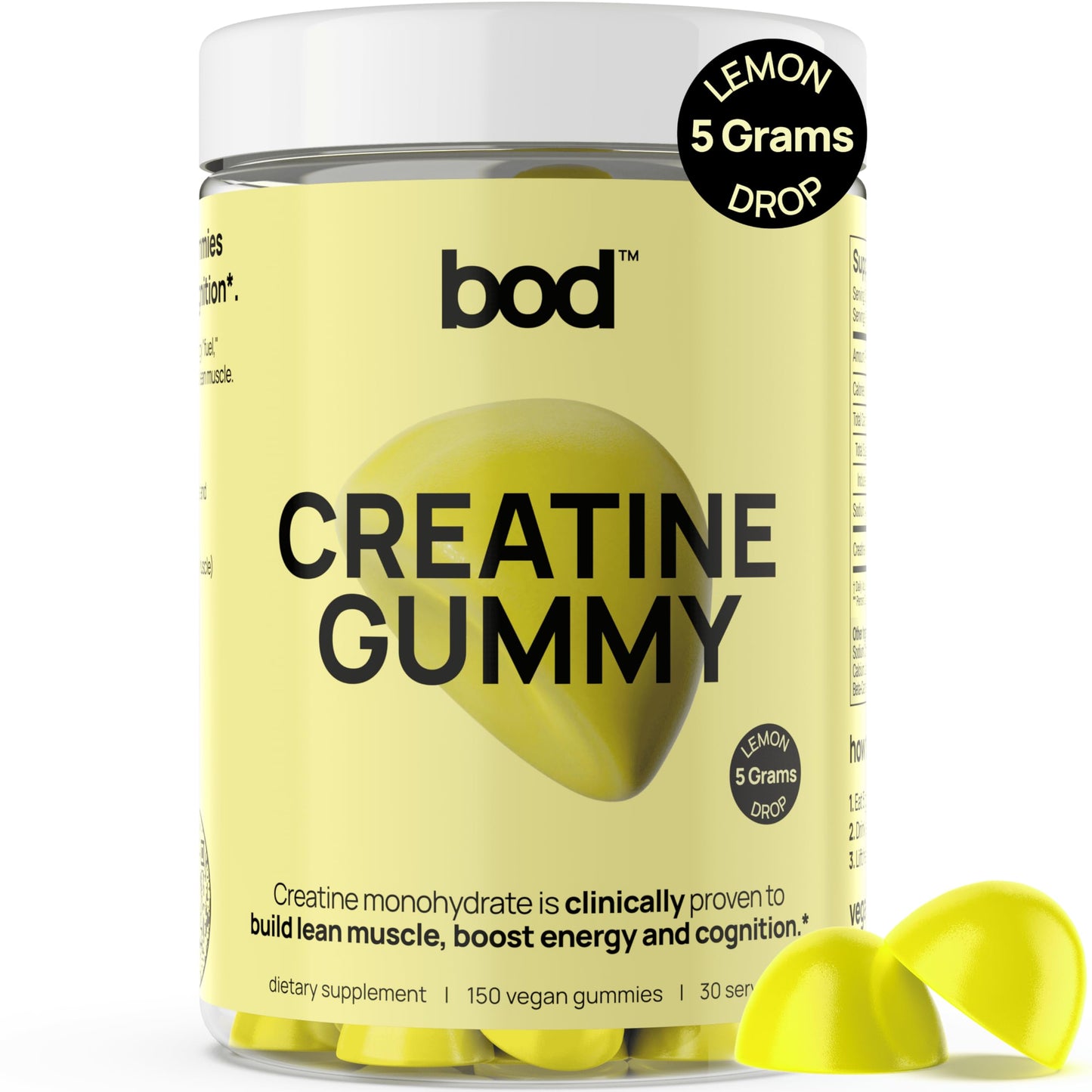 BOD Creatine Gummies, Creatine Monohydrate Gummies, Lemon Drop, for Muscle Support, and Energy Support, Pre Workout Supplement, 5g Creatine for Women and Men per Serving, 30 Servings, 150 Gummies