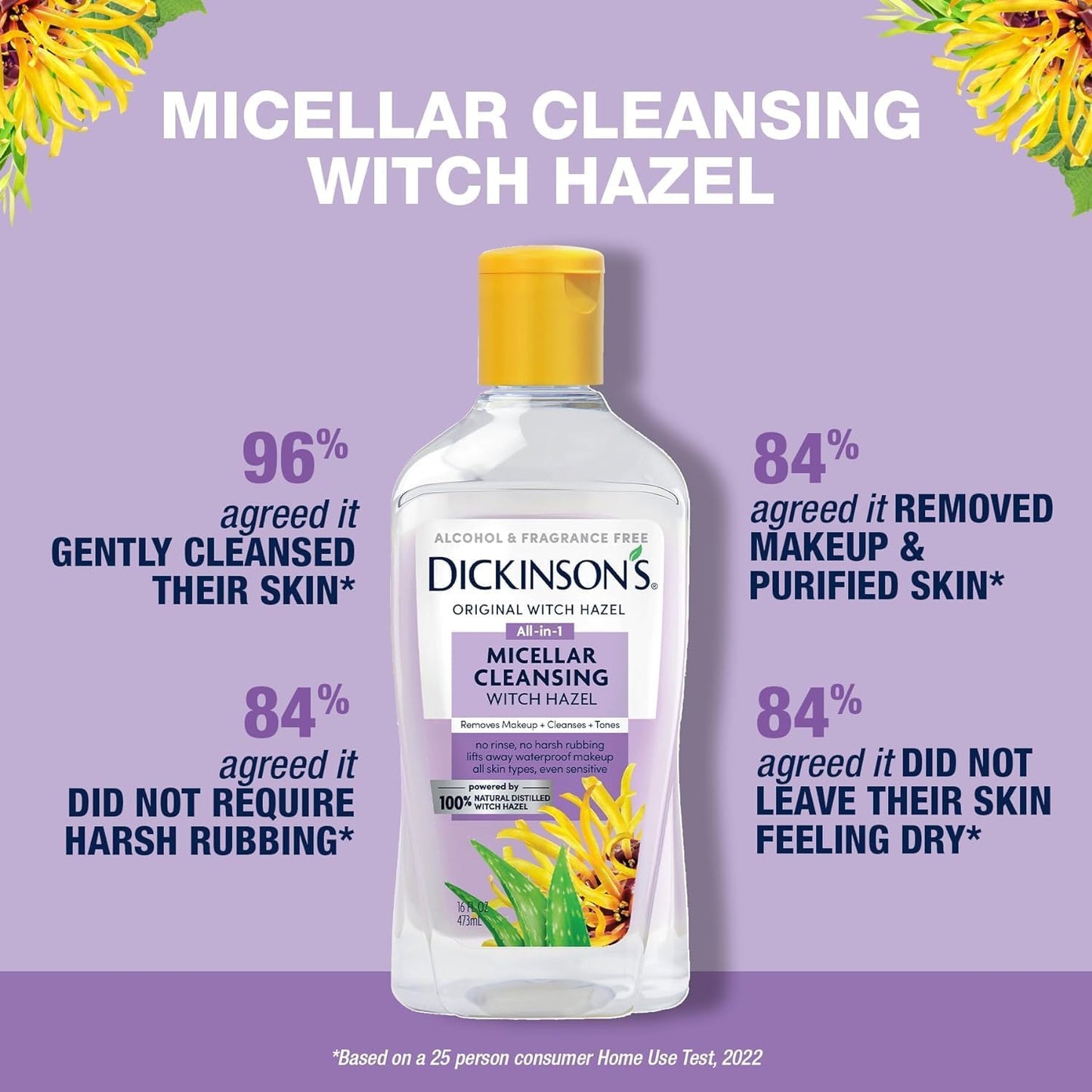 Dickinson's Micellar Cleansing Witch Hazel, An All-in-1 Makeup Remover, Pore Refiner, Skin Cleanser and Toner; Alcohol Free with Aloe, for Sensitive Skin, 8oz
