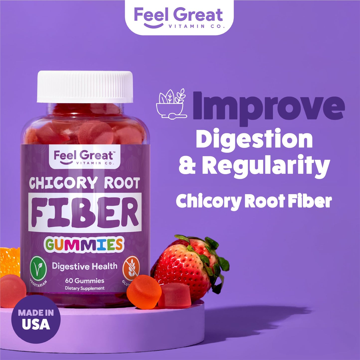 Prebiotic Fiber Gummies by Feel Great Vitamin Co (60 Gummies) | Helps Improve Digestive Health, Restore Natural Gut Flora, and Support Overall Health & Immunity* | Vegetarian & Vegan Friendly Chew
