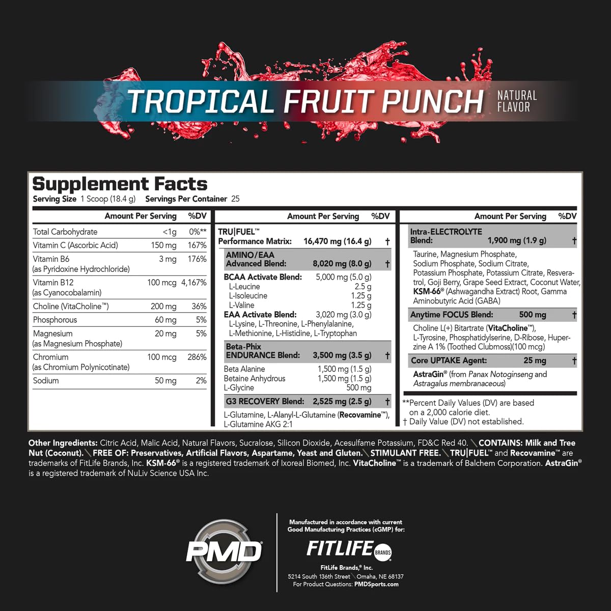 PMD Sports Core Fuel Endurance, Performance & Recovery - BCAAs, EAAs, Beta Alanine, Betaine Anhydrous, Glutamine, Electrolytes - Muscle Growth, Strength - Stim Free, Tropical Fruit Punch (25 Servings)