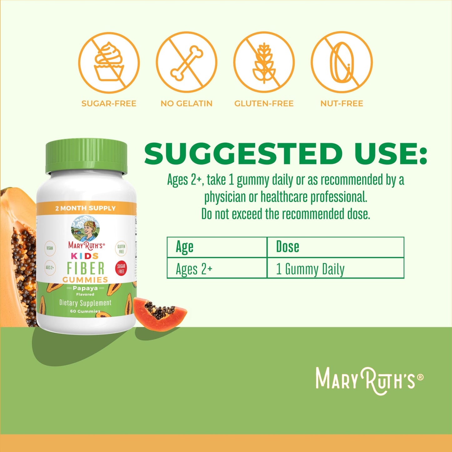 MaryRuth's Fiber Gummies for Kids | 2 Month Supply | Sugar Free | Soluble Fiber Supplement | Gut Health & Digestion Support | 3g Fiber per Gummy | Vegan | 60 Count
