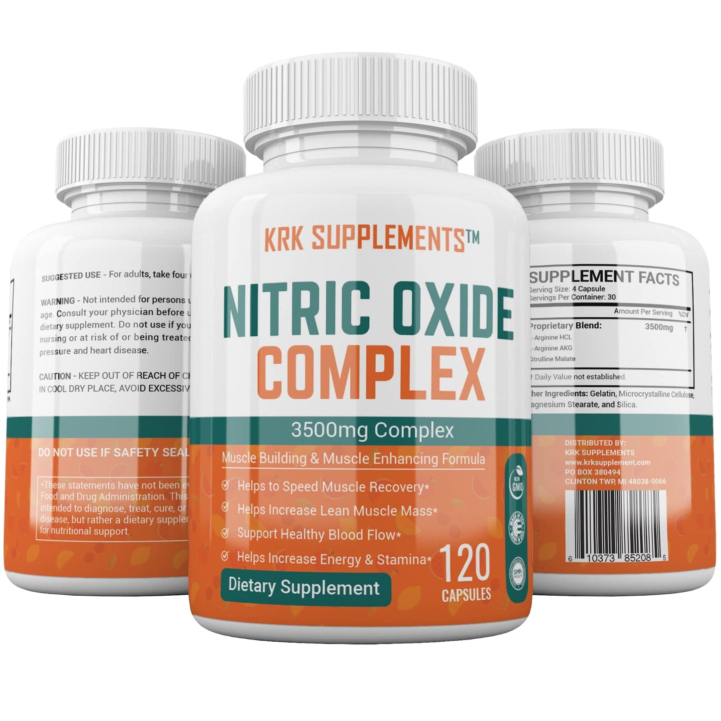 KRK SUPPLEMENTS 2 Bottles Nitric Oxide Complex 3500mg Per Serving L-Arginine HCL AAKG AKG Alpha Ketoglutarate Citrulline Malate 240 Total Capsules