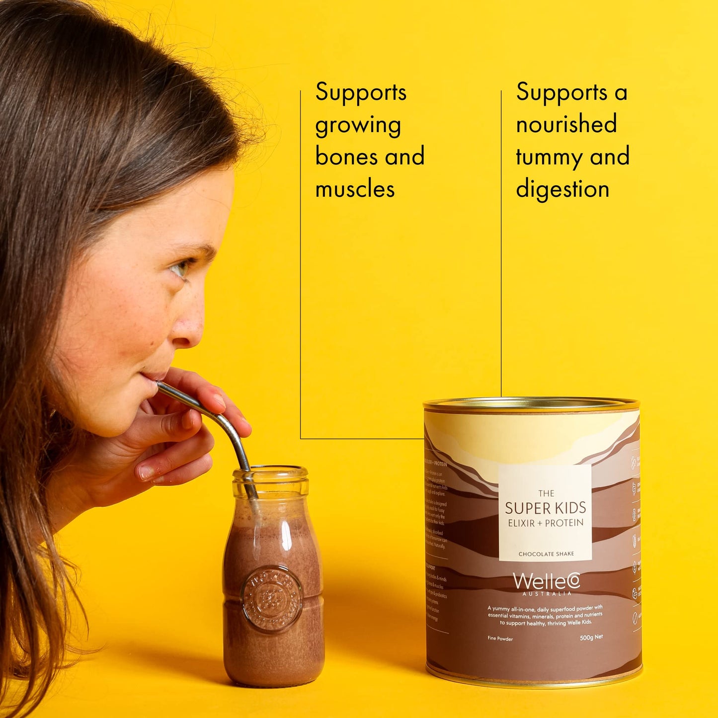 WelleCo The Super Kids Elixir Vegan Protein Powder Chocolate Shake with Prebiotics and Probiotics, Real Fruits & Veggies, Supports Cognitive Function, Immunity & Energy, for Kids Ages 4+, 17.6 oz Tin