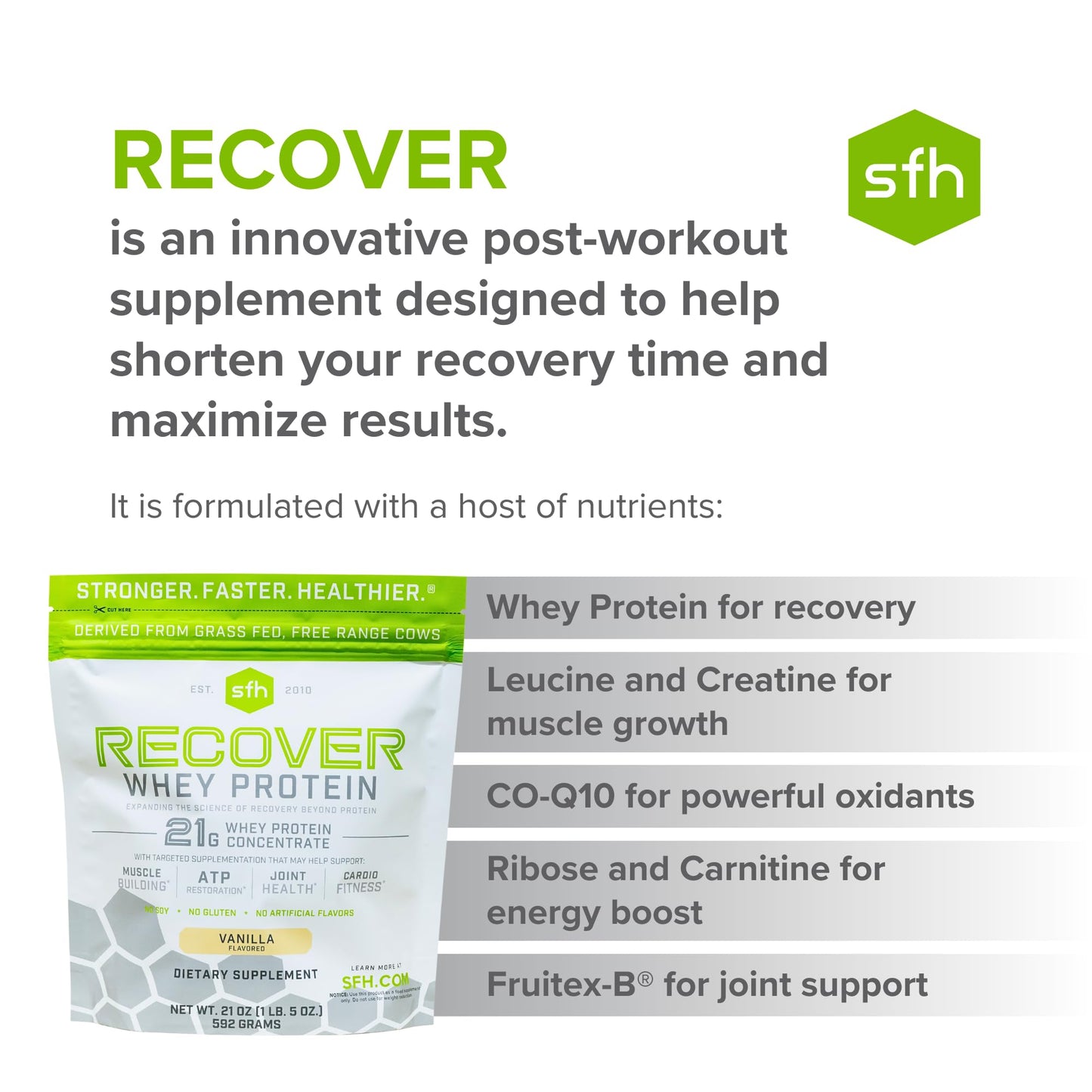 SFH RECOVER Whey Protein Powder (Vanilla) Great Tasting Grass Fed Whey for Post Workout | All Natural | No Soy, No Gluten, No RBST, No Artificial Flavors (20 serving bag)