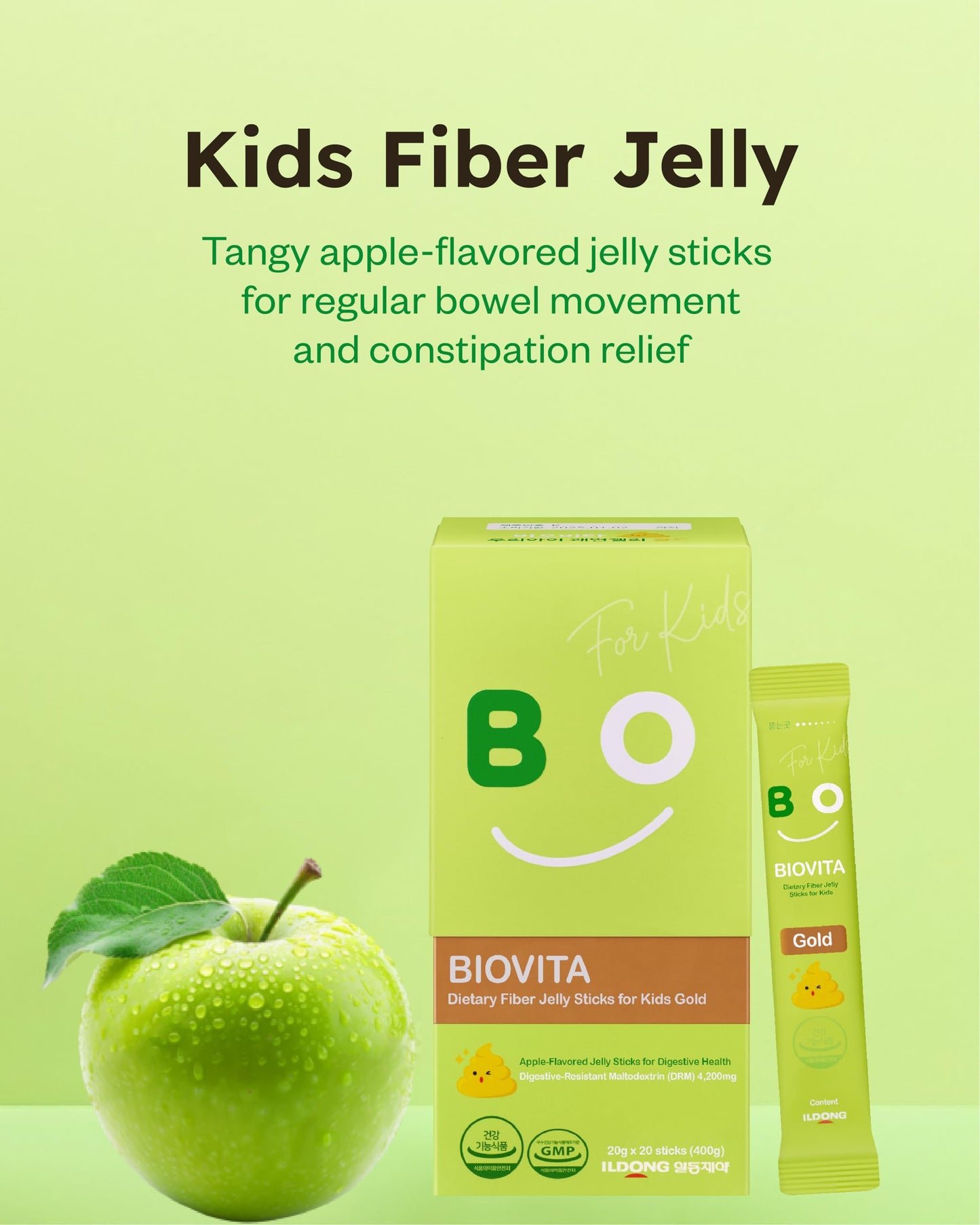BIOVITA Kids Fiber Jelly (20 Sticks) - 100% Plant-Based Soluble Fiber 4,200mg, Comfortable Bowel Movement & Constipation Relief for Children. Organic Apple Juice, Vegetable Powder.