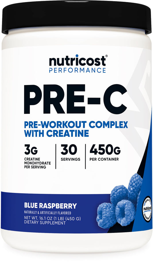 Nutricost Pre-C Pre-Workout Complex with Creatine (Blue Rasberry | 30 Servings) Powder - Boost Fintess Routines, 450g