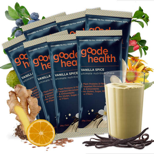 Goode Health Vanilla Spice Superfood Nutrition Shake - 7 Single-Serve On The Go Travel Packs - 15g Vegan Protein, 5g Fiber, Zero Sugar - Complete Nutrition Blend