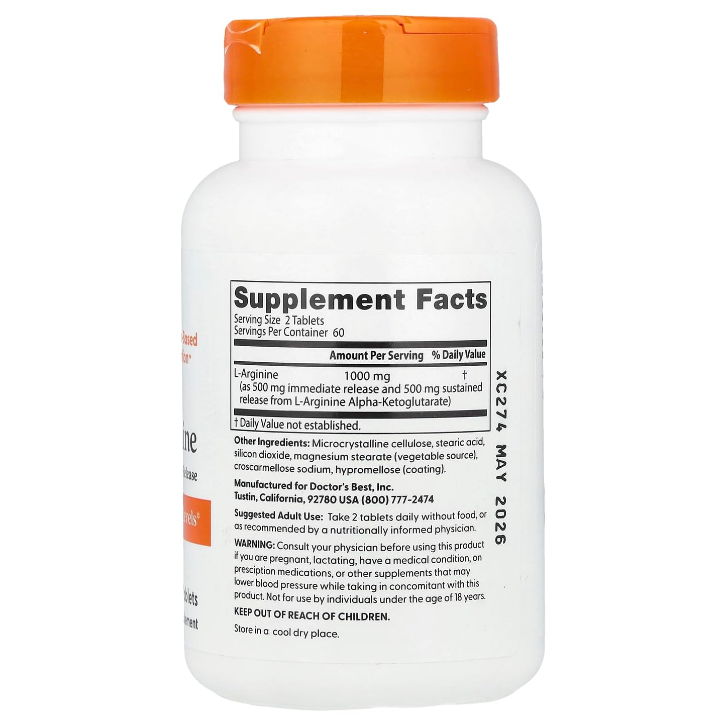 Doctor's Best Sustained Plus Immediate Release L-Arginine, Non-GMO, Vegan, Gluten & Soy Free, 500 mg, Tablet, 120 Count