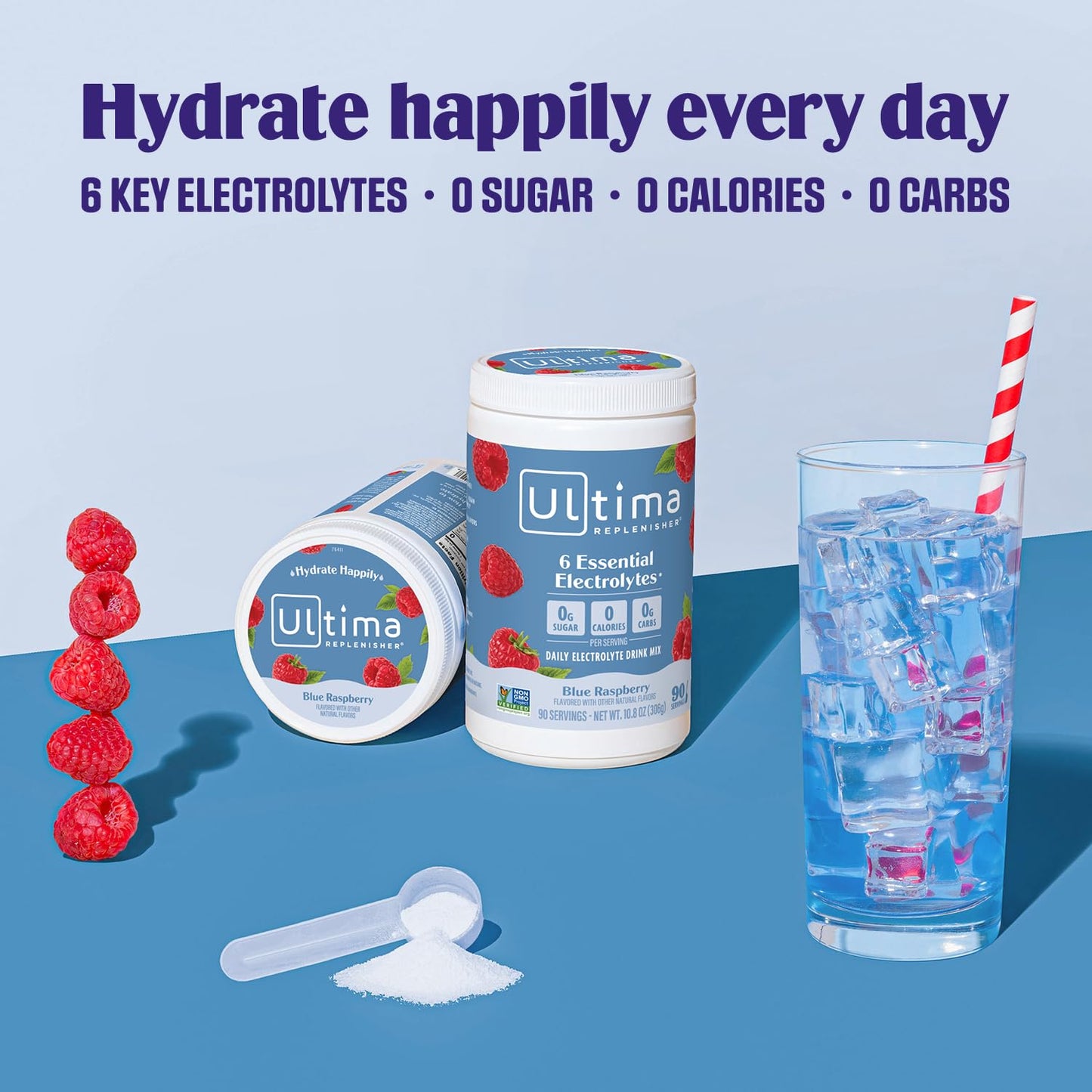 Ultima Replenisher Daily Electrolyte Powder Drink Mix - Blue Raspberry, 90 Servings - Hydration Powder with 6 Electrolytes and Minerals - Keto Friendly, Vegan, Non-GMO and Sugar-Free