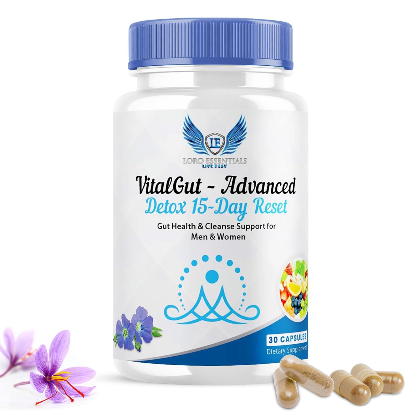 LORO ESSENTIALS VitalGut Advanced Gut and Colon Cleanse Detox for Women & Men,15-Day Reset Gut Health Support,Whit Senna, cascara Sagrada and Psyllium Husk-Non GMO 30 Capsules
