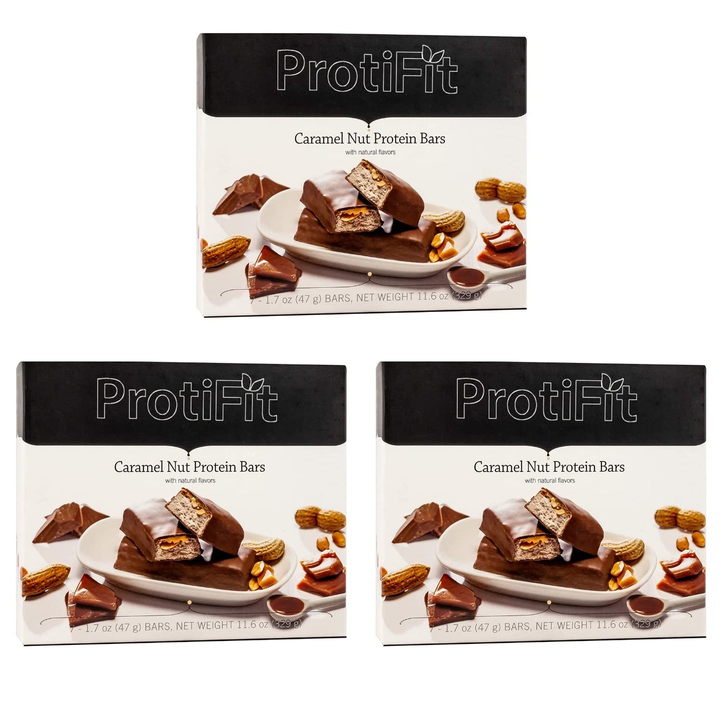 PROTIFIT - Low Calorie Caramel Nut Protein Bar 3 Pack, High Protein, 15g Protein, Low Carb, Low Sugar, Ideal Protein Compatible, 7 Servings Per Box, (3 Pack)