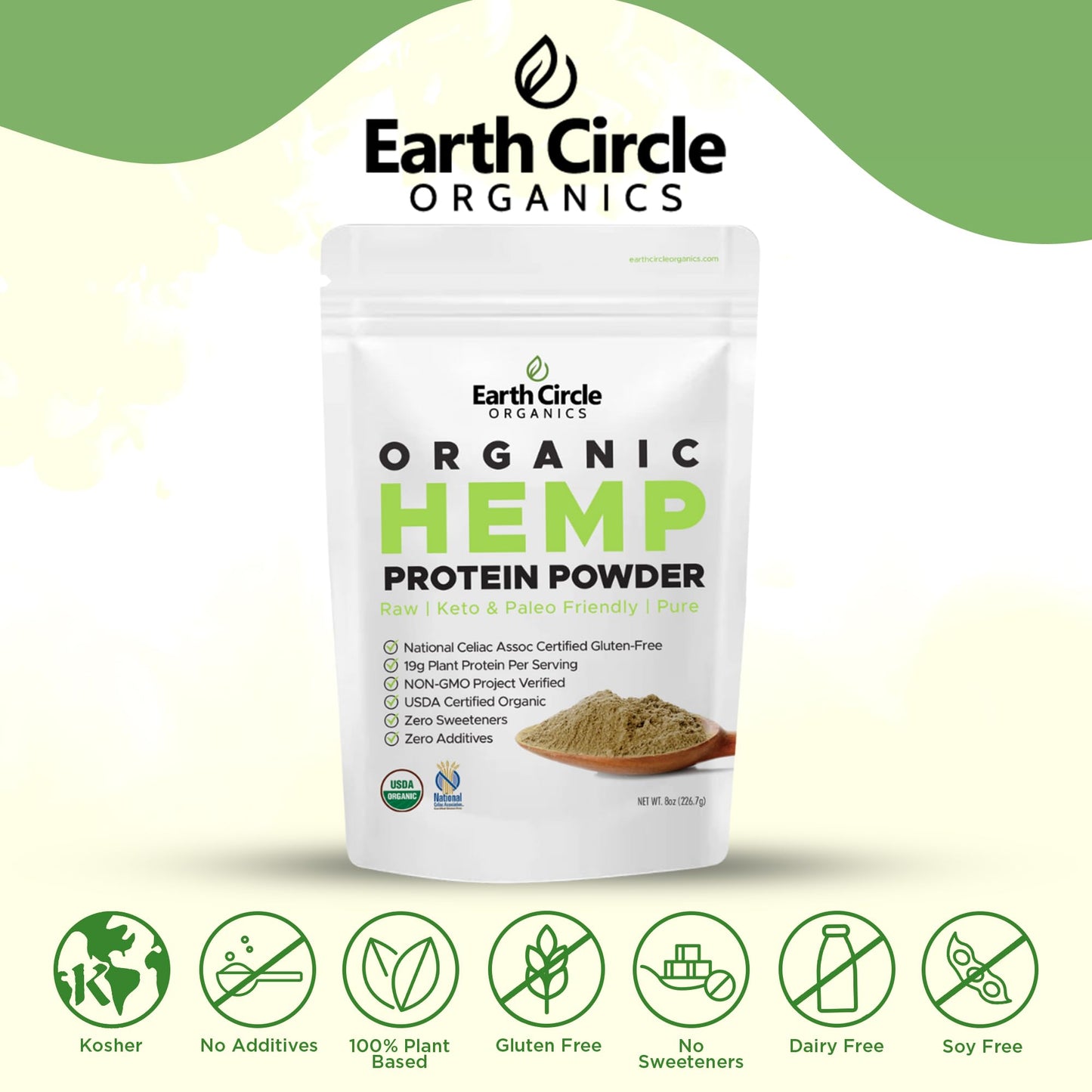Earth Circle Organics Organic Hemp Protein Powder, Lab Tested 100% Gluten Free, Plant Based & Vegan Raw Protein Powder - Perfect for Keto, Meal Replacement Shakes, Pre & Post Workout (8oz, Pack of 2)