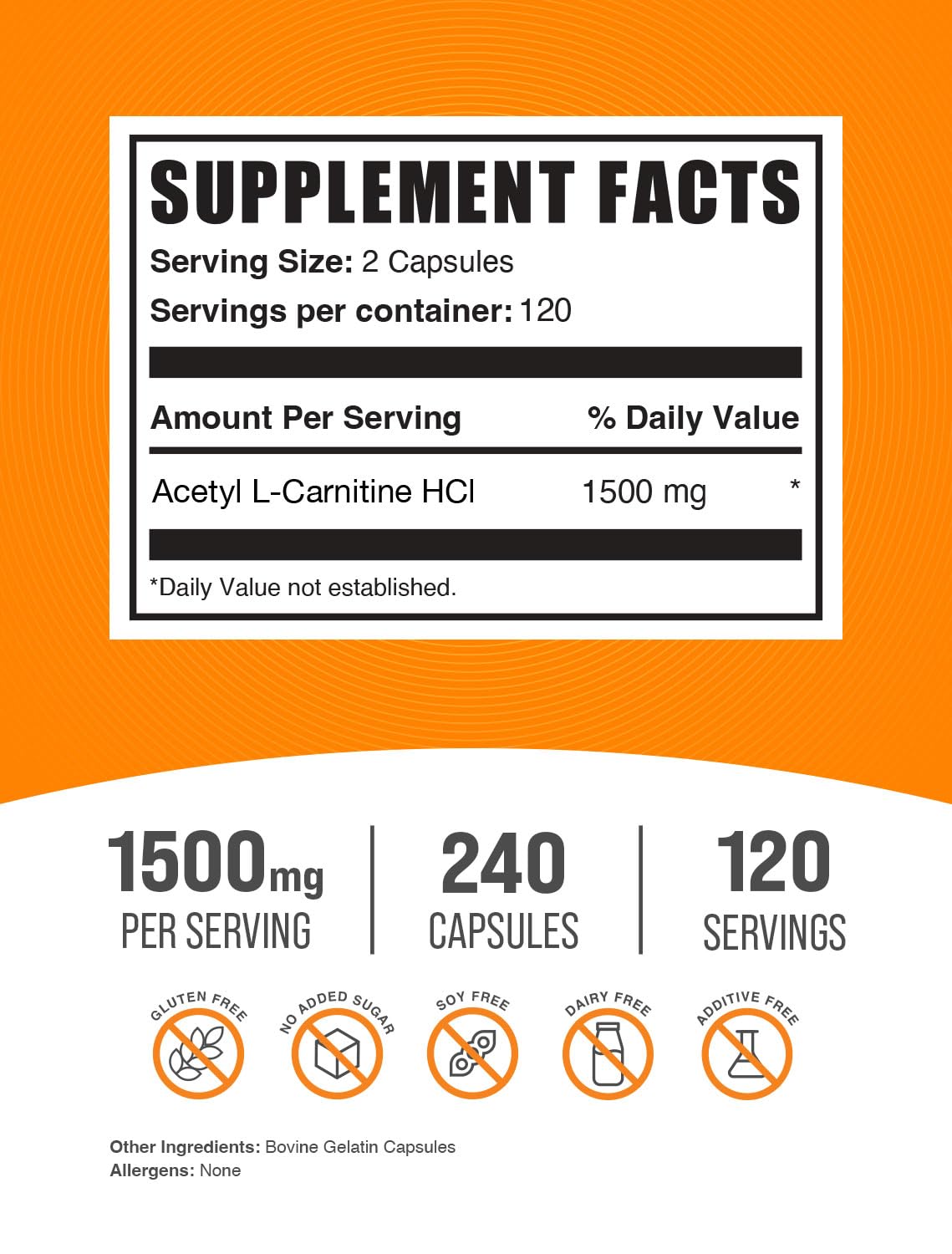 BulkSupplements.com Acetyl L-Carnitine Capsules - ALCAR HCl, Carnitine Supplement - ALCAR Capsules, Acetyl L-Carnitine 1500mg - Gluten Free, 2 Capsules per Serving, 240 Capsules