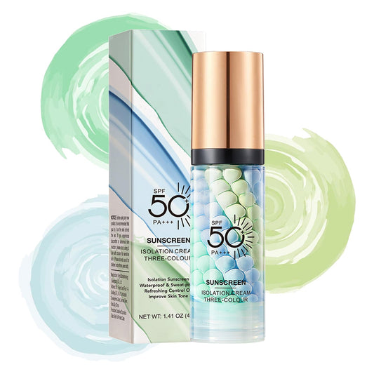 One Step Color Corrector,SPF 50+Tricolor Makeup Primer for Face,3 In 1 Face Sunscreen Isolation Cream,Blurs Imperfections Oil Control & Moisturizing Skin Tone Correcting(A)
