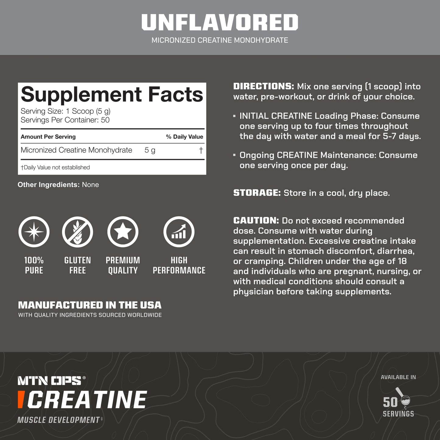MTN OPS Creatine Monohydrate Powder, Unflavored 50 Serving Tub - 100% Pure Micronized for Muscle Mass, Strength & Power