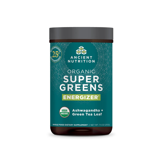 Organic SuperGreens Energizer Powder with Probiotics and B12 by Ancient Nutrition, Made from Real Fruits, Vegetables and Herbs, for Digestive, Detoxification and Energy Support, 25 Servings