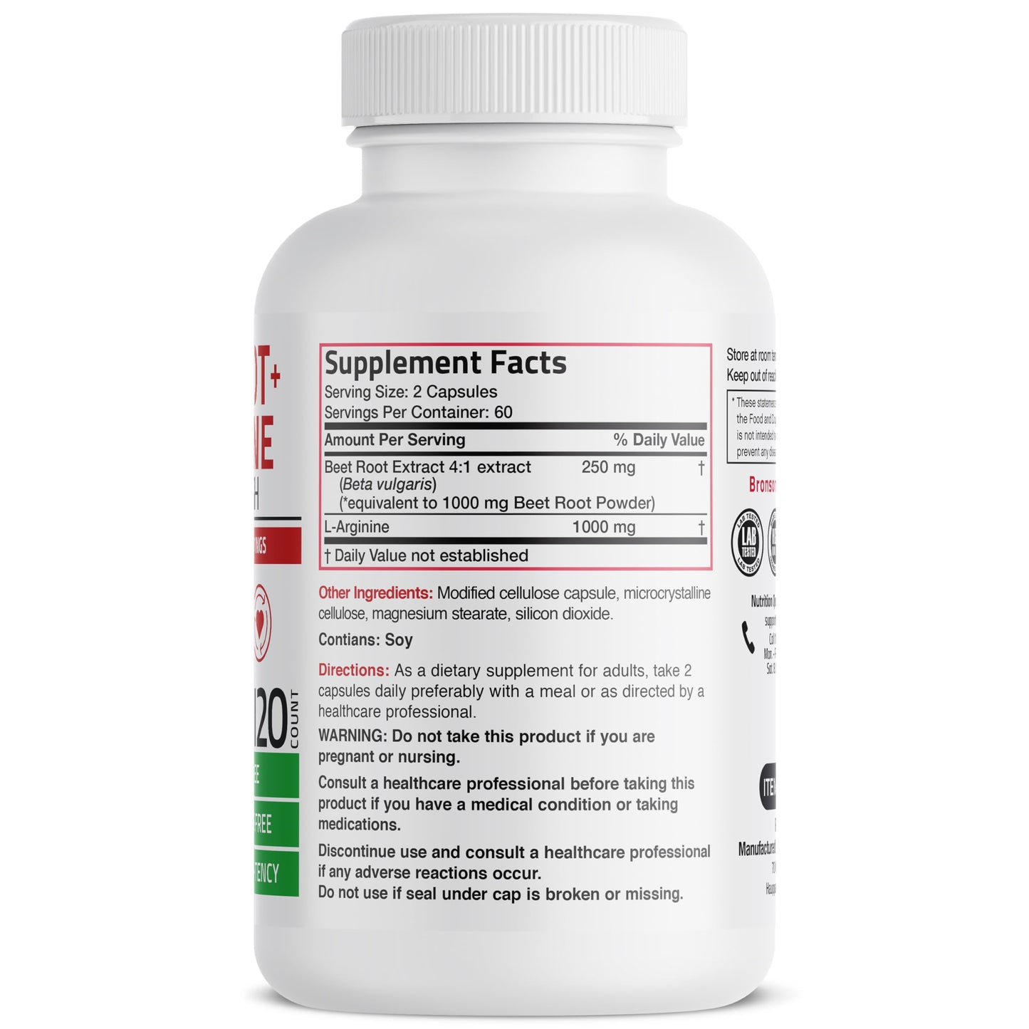 Bronson Beet Root + L-Arginine Nitric Oxide Production- Non-GMO, 120 Vegetarian Capsules