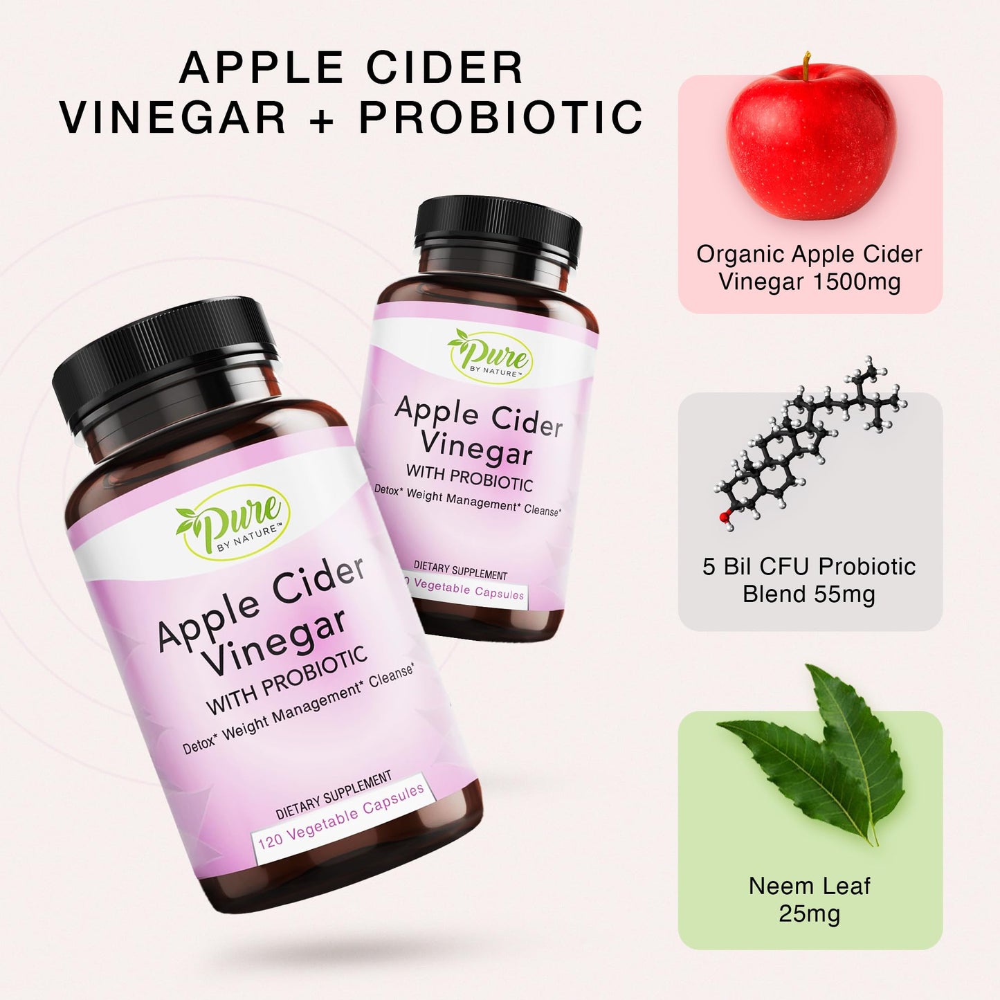 Pure By Nature Apple Cider Vinegar + Probiotic for Women & Men, Raw Apple Cider Vinegar Pills for Weight Management Support & Cleanse Support (120 Capsules)