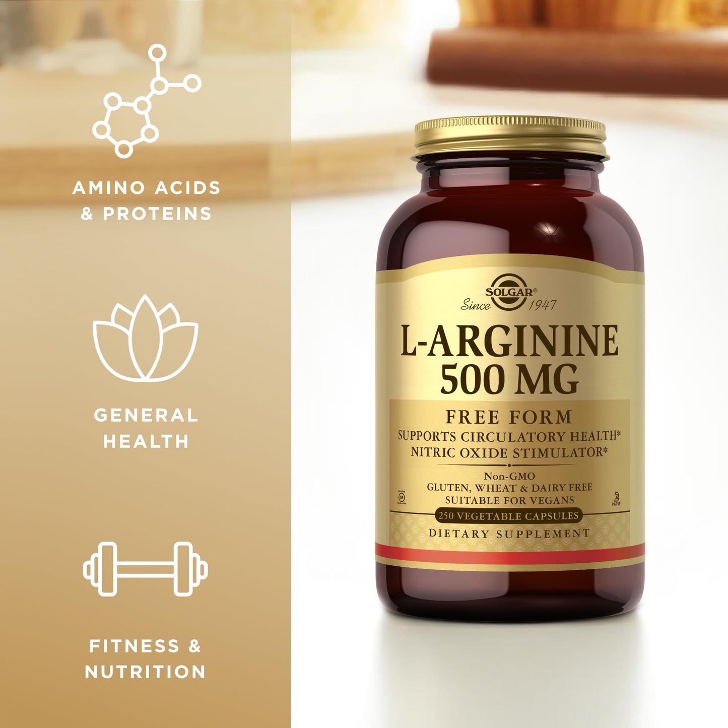 SOLGAR L-Arginine 500 mg - 250 Vegetable Capsules - Nitric Oxide Stimulator - Non-GMO, Vegan, Gluten Free, Dairy Free, Kosher - 250 Servings