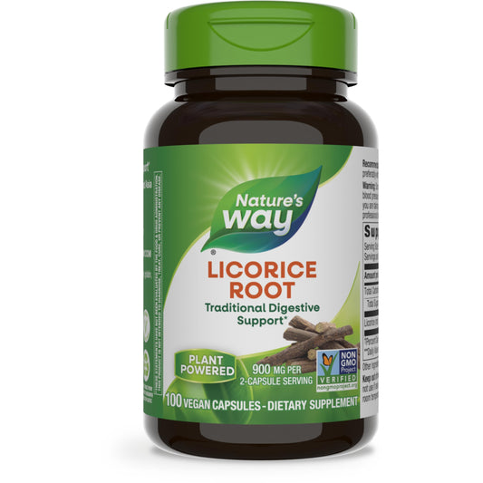 Nature's Way Licorice Root, Traditional Digestive Support Supplement*, 900 mg per 2-Capsule Serving, Non-GMO Project Verified, 100 Vegan Capsules (Packaging May Vary)