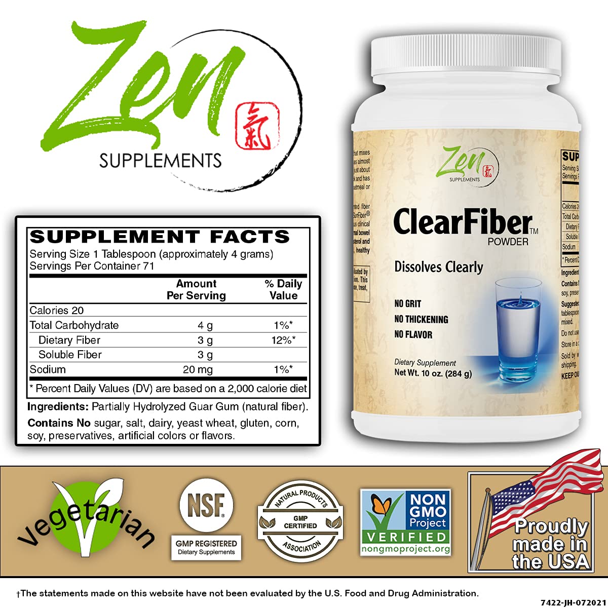 Zen Supplements - Clearfiber - Supports a Healthy Gut & Digestive Regularity, Feeds Good Bacteria, Ease Gas & a Complement for Probiotics 10 Oz-Powder
