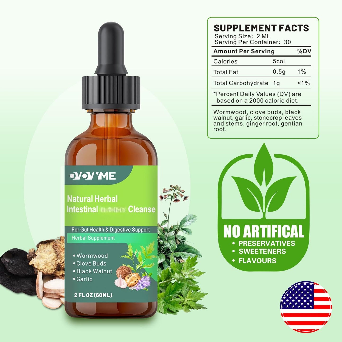 OVOVYME Natural Herbal Intestinal Cleanse, 2 fl oz, Gut Health Support with Wormwood, Black Walnut, Clove, Garlic