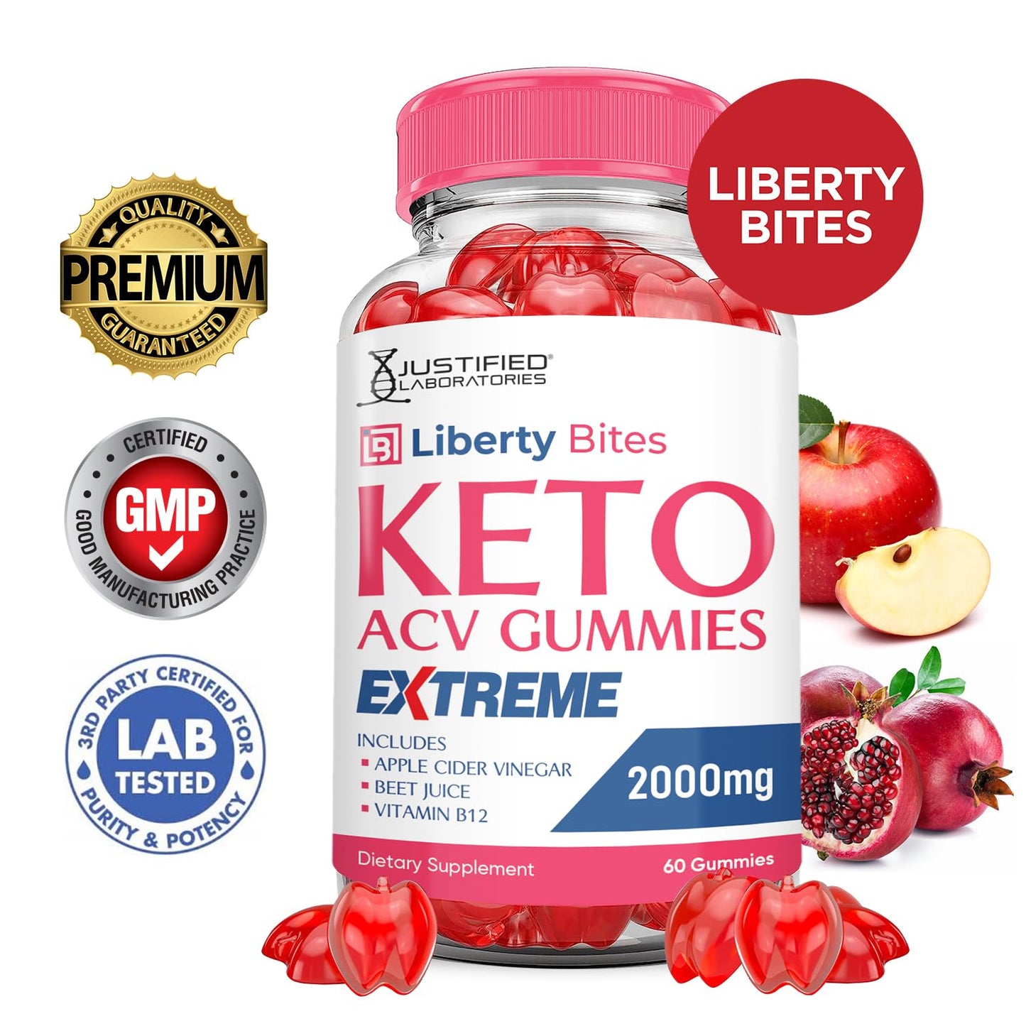 Liberty Bites Keto ACV Gummies Extreme 2000MG Libertybites Keto Gummies Apple Cider Vinegar Formulated with Pomegranate Beet Juice Powder B12 Vegan Non GMO 60 Gummys