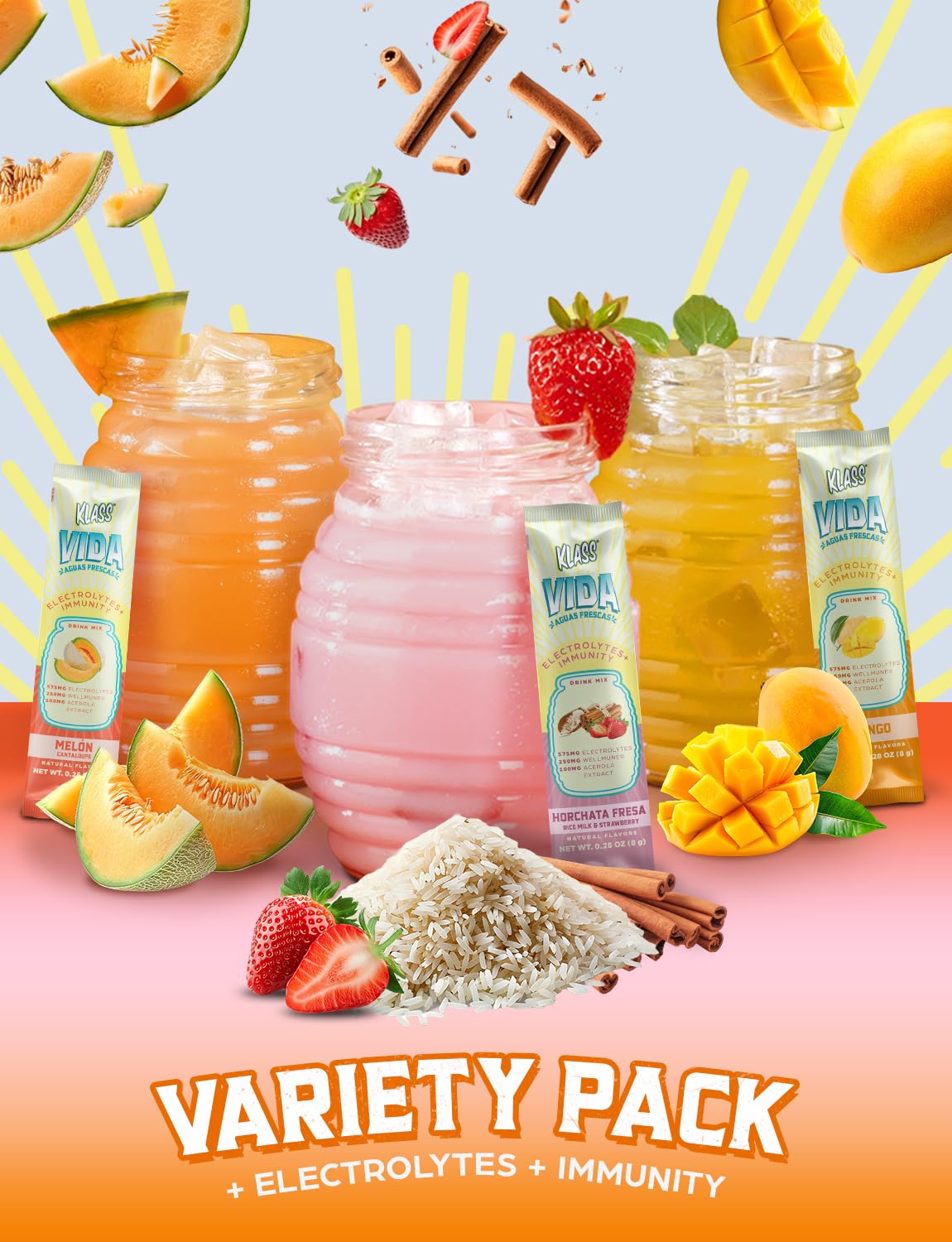 KLASS VIDA Hydration + Immunity Sugar-Free Powder Packets Mango, Horchata Fresa & Cantaloupe Electrolyte Agua Fresca Drink Mix Wellmune & Acerola Extract 15 Single Serve Sticks Low Calorie