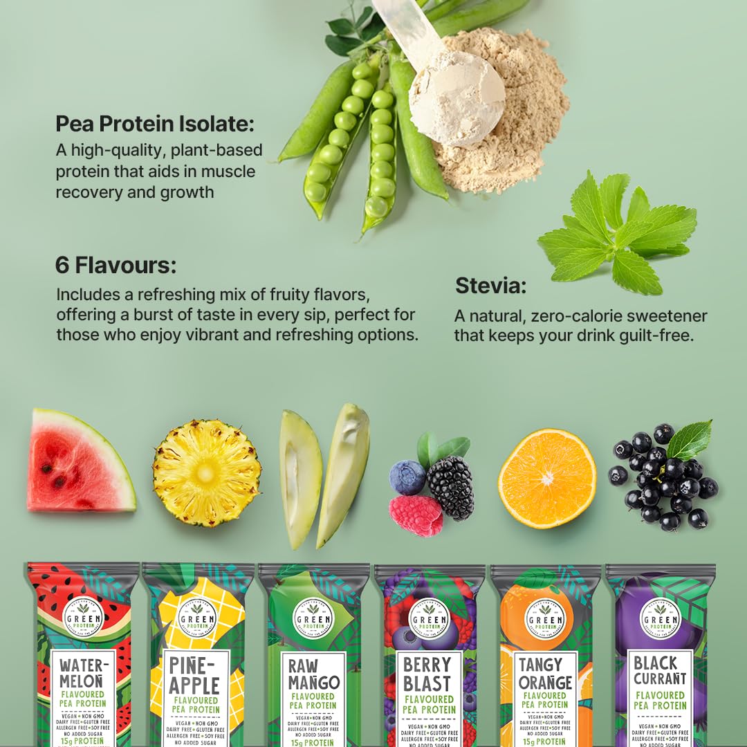 GreenProtein | Pea Protein Isolate Powder Dairy, Gluten Allergen, Soy Free Pineapple, Black Currant, Berry Blast, Watermelon, Raw Mango and Orange Flavor | 6 Flavors x 3 Sachets | Pack of 18