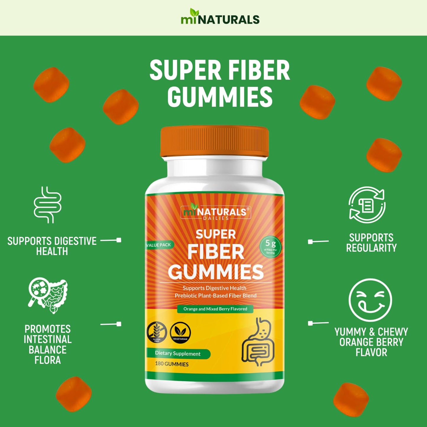 MINATURALS Prebiotic Fiber Supplement Gummies | Value Pack - 180 ct | 5 g per Gummy | Plant Based Digestive Gut Cleansing | Orange & Mixed Berry