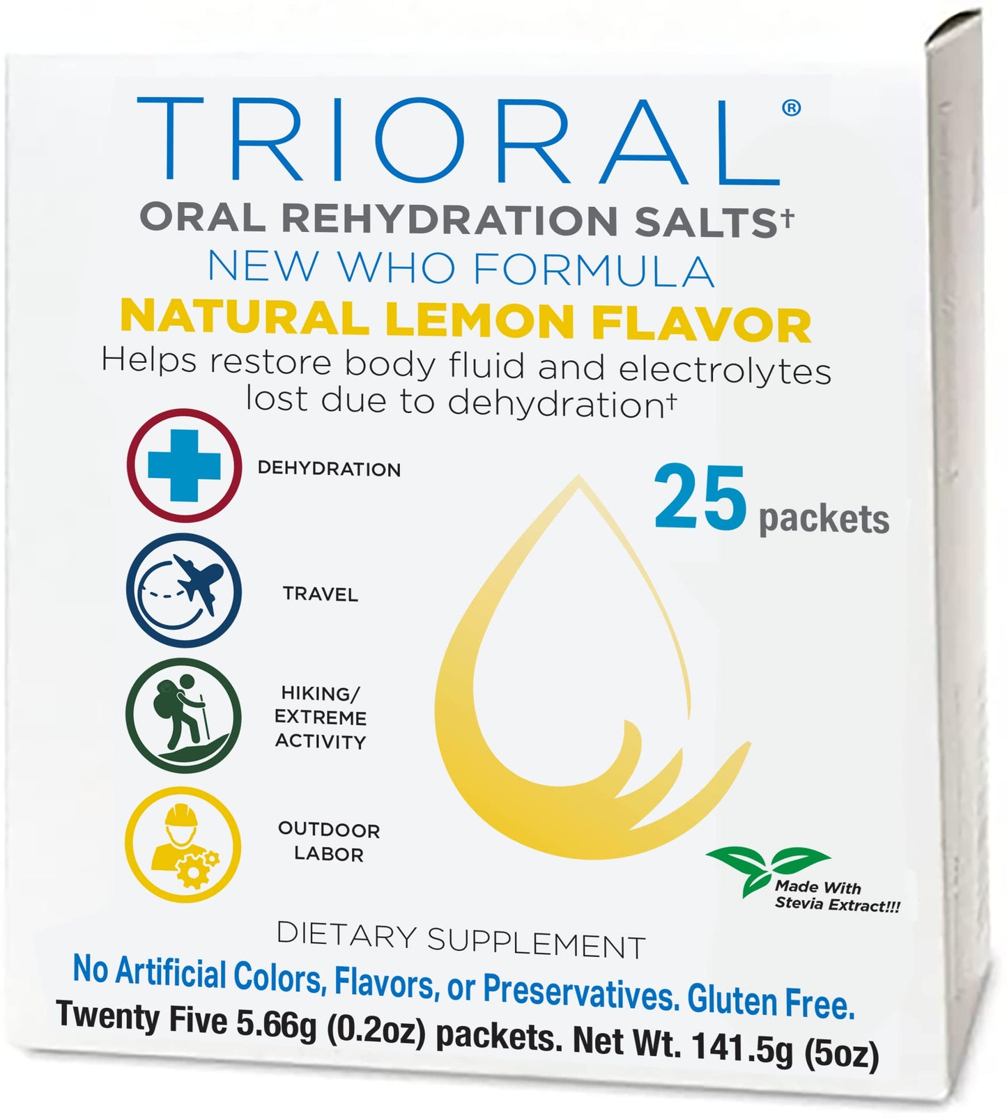 TRIORAL Natural Lemon w/Stevia Oral Rehydration Salts - WHO Hydration Supplement Salts Formula - Combat Dehydration from Workouts, Fluid Loss and Much More (25 Packets/Box)