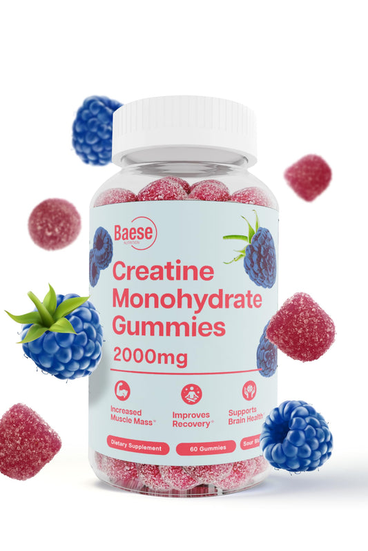 Baese Nutrition Creatine Monohydrate Gummies for Men & Women - High Purity Sour Blue Raspberry- Chewable Creatine Infused Gummy for Muscle Strength & Energy Boost, Bioavailable Pre-Workout Supplement