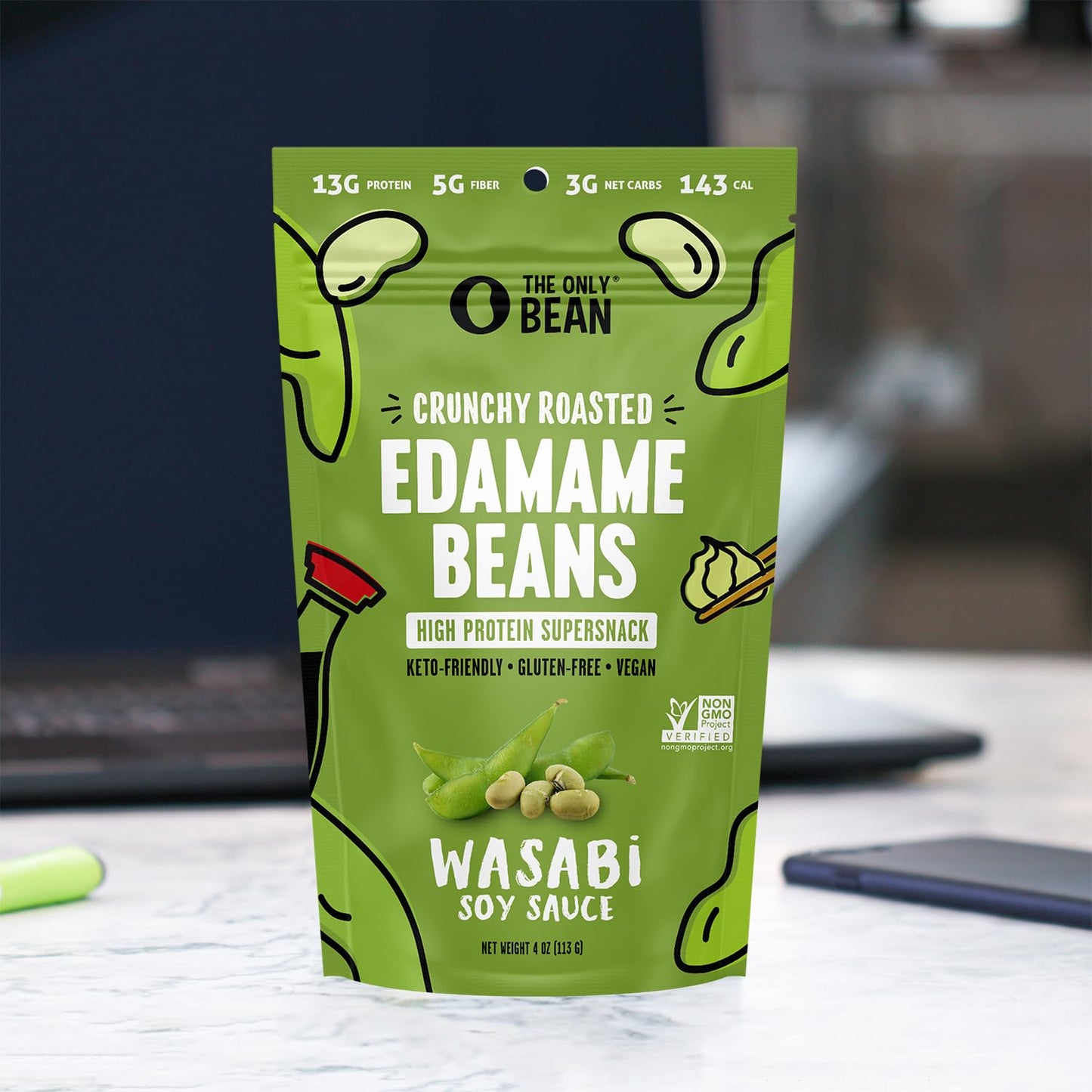 The Only Bean Edamame Dry Roasted Edamame Beans Snack Wasabi Soy Sauce Wasabi Peas Alternative Asian Japanese Snacks Healthy High Protein Snacks Low Carb Gluten Free 4oz Pack of 3