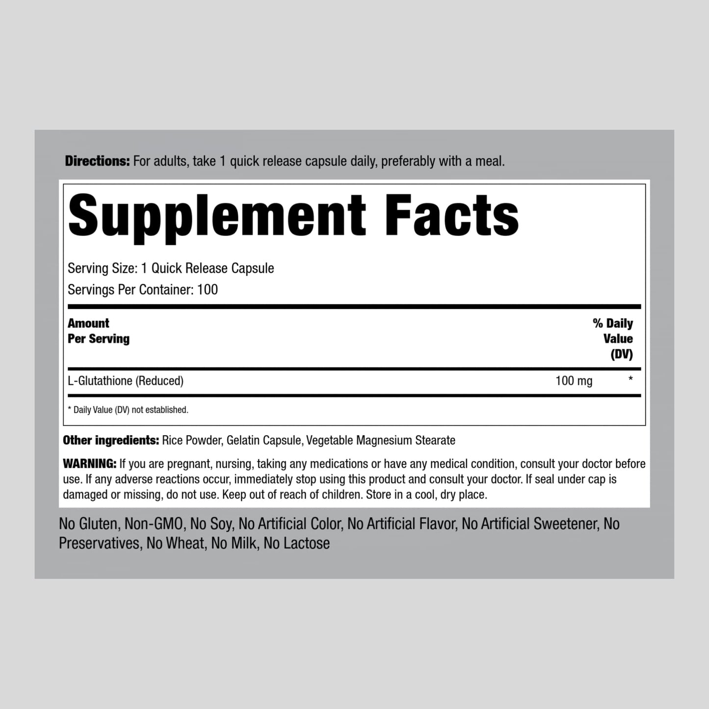 Piping Rock L Glutathione Supplement | 100 mg | 100 Capsules | Reduced Form | Non-GMO, Gluten Free