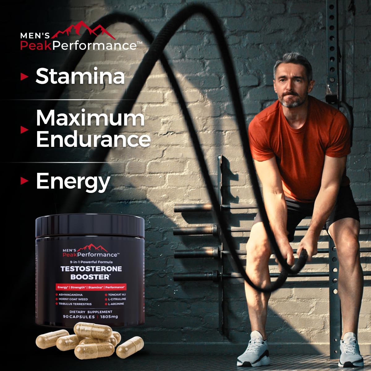 MEN'S PeakPerformance - Testosterone Booster Supplement for Men - Boost Stamina, Muscle Growth, Energy, Strength, Endurance & Drive - Ashwagandha, Tribulus, L-Arginine, Tongkat Ali- 90 Capsules
