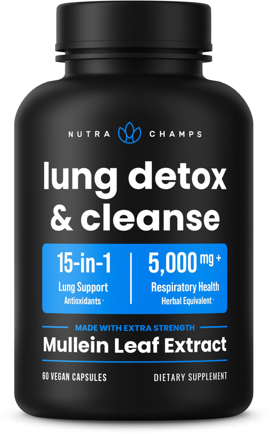 NutraChamps Lung Detox & Cleanse, Mullein Leaf Capsules, 15-in-1 Lung Health Formula for Respiratory, 10:1 Mullein Leaf Extract (3000mg Equivalent), Vegan Lung Support Supplement